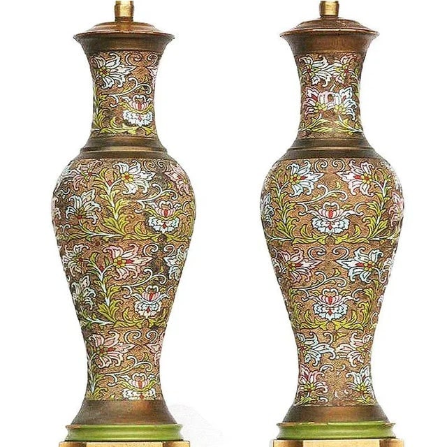 Arts & Craft Chinese Bronze Cloisonn√© Enamel Vase Lamp by Mimi London, Pair - 4