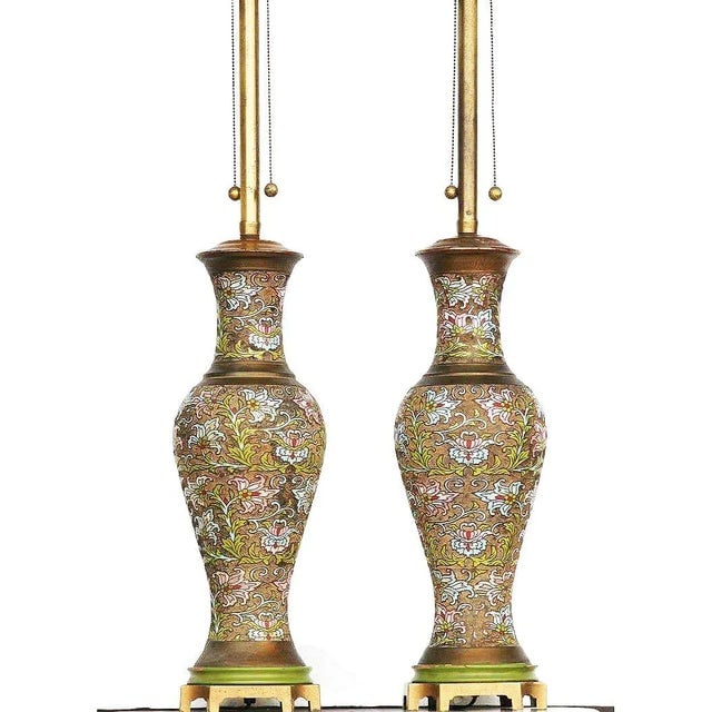Arts & Craft Chinese Bronze Cloisonn√© Enamel Vase Lamp by Mimi London, Pair - 6