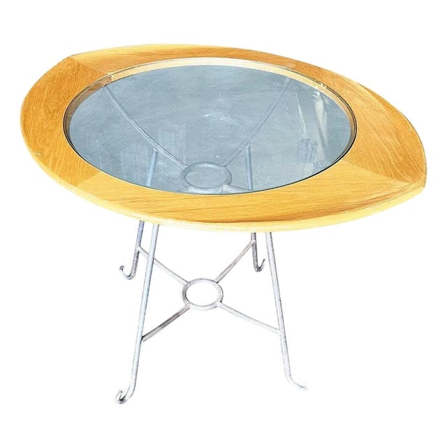 1950s Mid-Century Glass Center Two Person Breakfast Table: Title: 1950s Mid-Century Glass Center Two Person Breakfast Table Description: Rare bespoke mid-century oval-shaped glass center two-person breakfast table. The table features a sculptural oval top tha