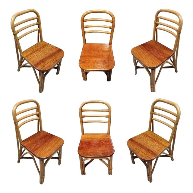 1950s Restored Rattan Skeleton Back Dining Room Chair With Mahogany Seat- Set of 6 (1 of 6)