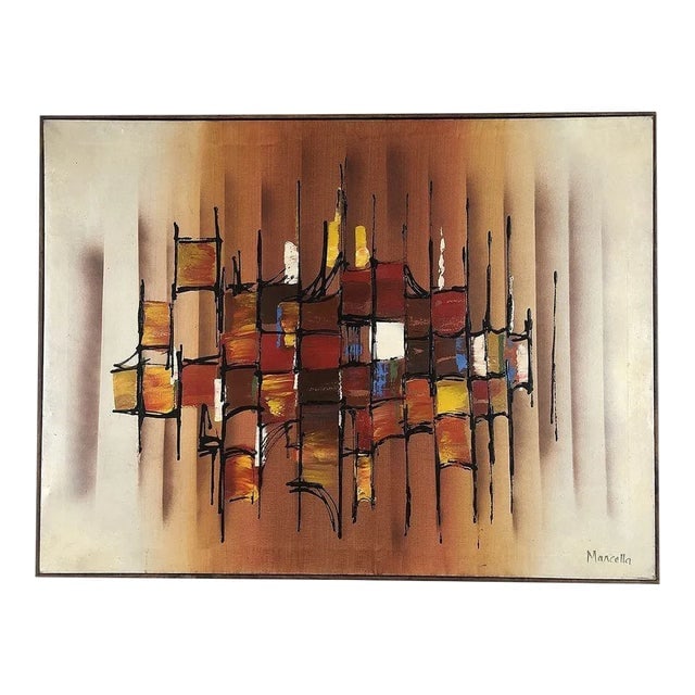 Large Abstract Oil Painting on Canvas by Marcella Doane: Title: Large Abstract Oil Painting on Canvas by Marcella Doane Description: Original signed abstract or Brutalist oil on canvas artwork painting of a late multicolored geometric pattern by Marcella Do