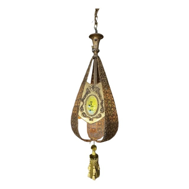 Hollywood Regency Jewel Prisms Filigree Pendant Light, Circa 1950: Title: Hollywood Regency Jewel Prisms Filigree Pendant Light, Circa 1950 Description: Vintage Hollywood Regency Brass Morrocan-inspired 1-light Hanging pendant light fixture with 3 large Green glass J