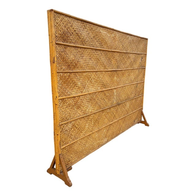 1930s Art Deco 9' Foot X 6' Foot Rattan & Woven Wicker Wall Divider Screen: Title: 1930s Art Deco 9' Foot X 6' Foot Rattan & Woven Wicker Wall Divider Screen Description: This beautifully restored coastal 1939 pole rattan room divider woven wall in the style of mid-century de