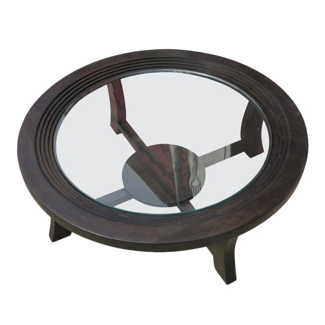 Paul Frankl Black Stepped Coffee Table for Brown Saltman: Title: Paul Frankl Black Stepped Coffee Table for Brown Saltman Description: Art Deco coffee table with stepped center and glass top. Crafted from solid Ebonized finished oak with an integrated glass