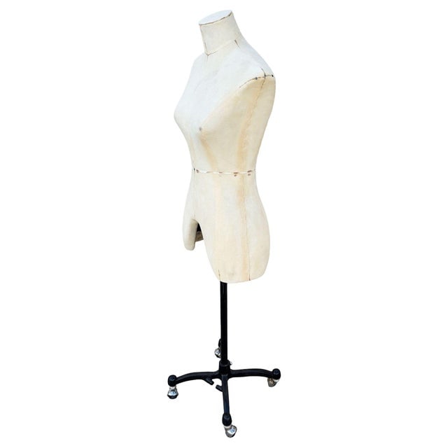 Adult Female White Linen Dress Form Mannequin on Iron Base W/ Wheels Size 8 - 3
