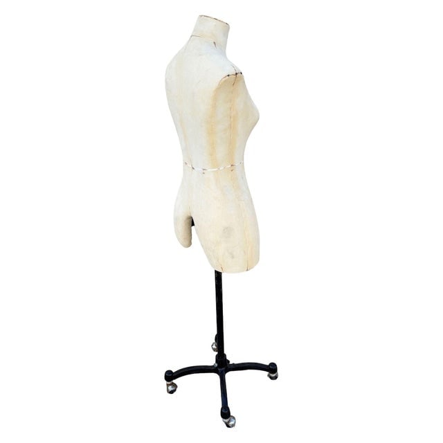 Adult Female White Linen Dress Form Mannequin on Iron Base W/ Wheels Size 8 - 4