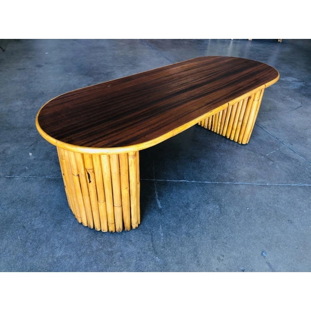 Restored Vintage Vertically Stacked Rattan Coffee Table W/ Mahogany Top - 3