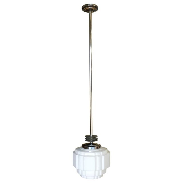 1930s Art Deco Ceiling Pendant With School House Stepped Glass Globe - 2