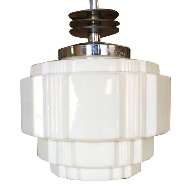 1930s Art Deco Ceiling Pendant With School House Stepped Glass Globe - 3