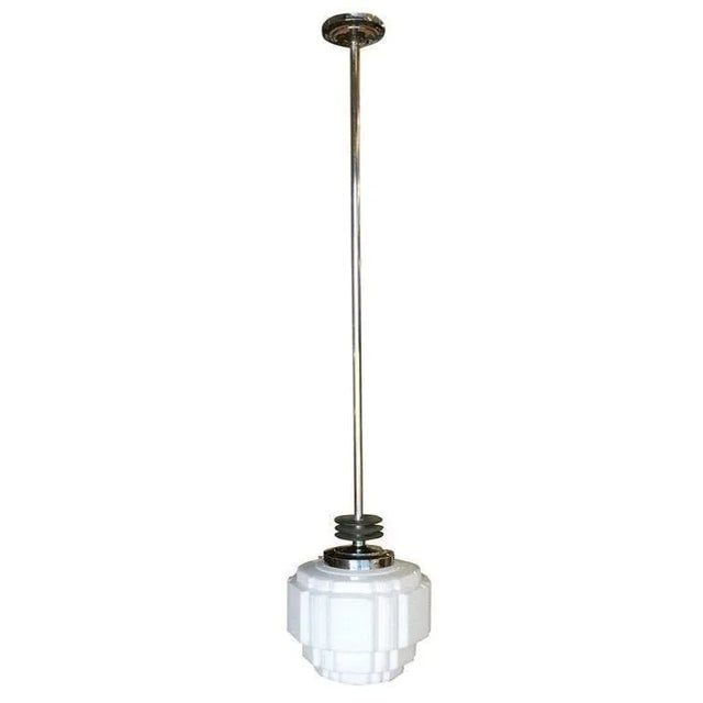 1930s Art Deco Ceiling Pendant With School House Stepped Glass Globe - 4