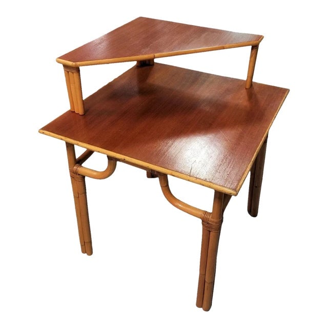 Restored Rattan 2-Tiered Corner Table or Desk: Title: Restored Rattan 2-Tiered Corner Table or Desk Description: Restored Large 30" rattan and mahogany 2-tiered side corner table or desk. 1940, United States We only purchase and sell only the best