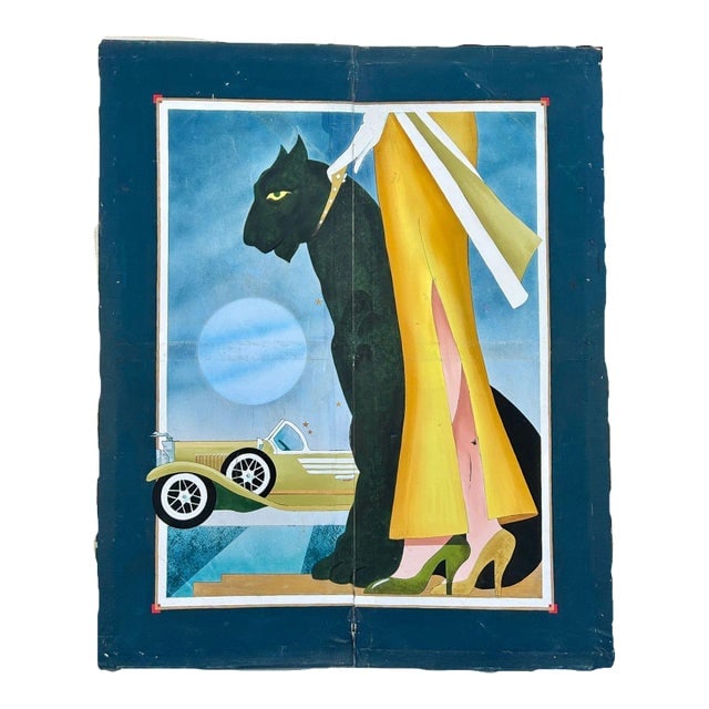 1980s Hand Painted Art Deco Damsel & Panther Oil on Canvas Screen: Title: 1980s Hand Painted Art Deco Damsel & Panther Oil on Canvas Screen Description: Large 12' foot tall hand-painted artwork oil on a canvas featuring Art Deco Damsel & Panther fixed to a wood