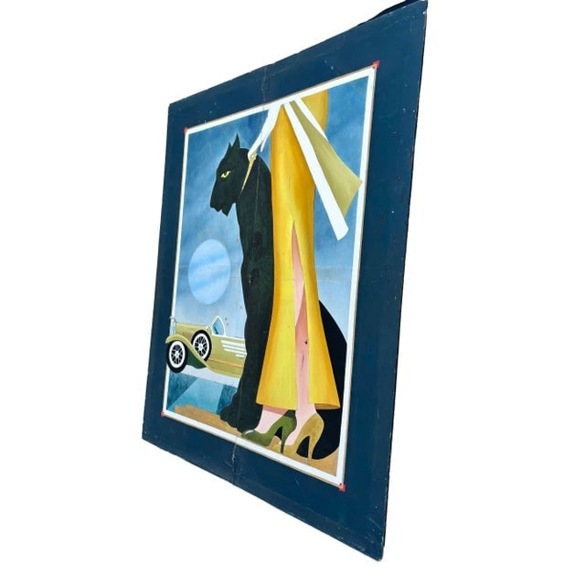 1980s Hand Painted Art Deco Damsel & Panther Oil on Canvas Screen - 2