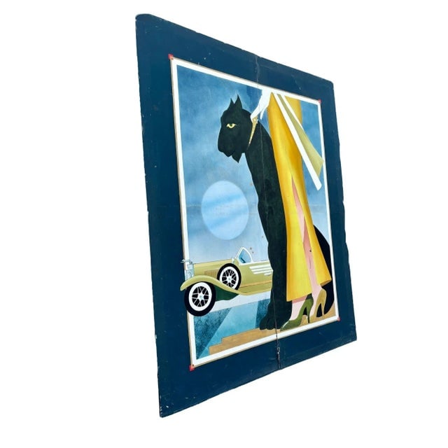 1980s Hand Painted Art Deco Damsel & Panther Oil on Canvas Screen - 3