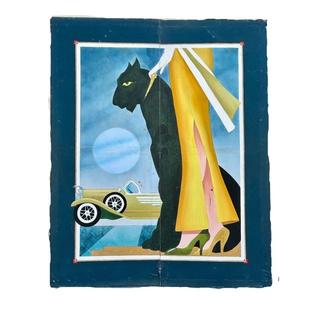 1980s Hand Painted Art Deco Damsel & Panther Oil on Canvas Screen - 4