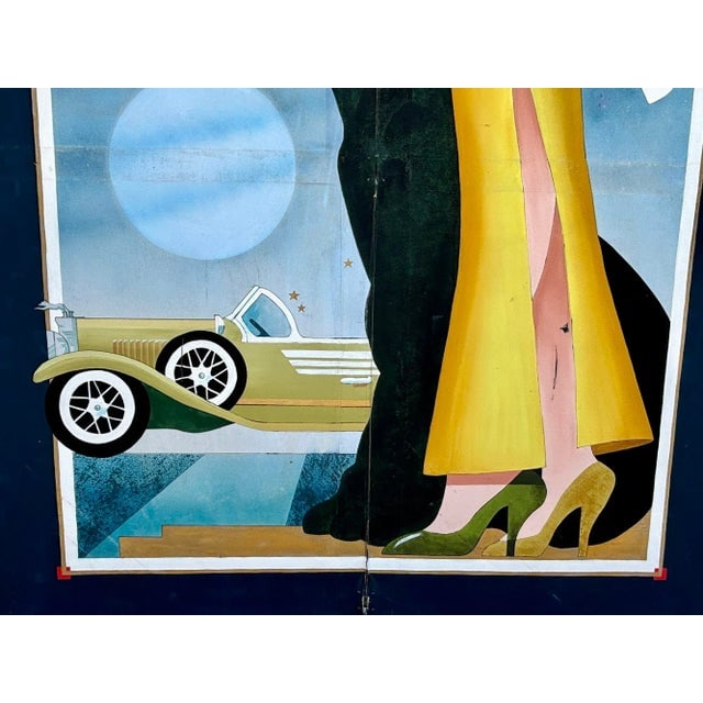 1980s Hand Painted Art Deco Damsel & Panther Oil on Canvas Screen - 5