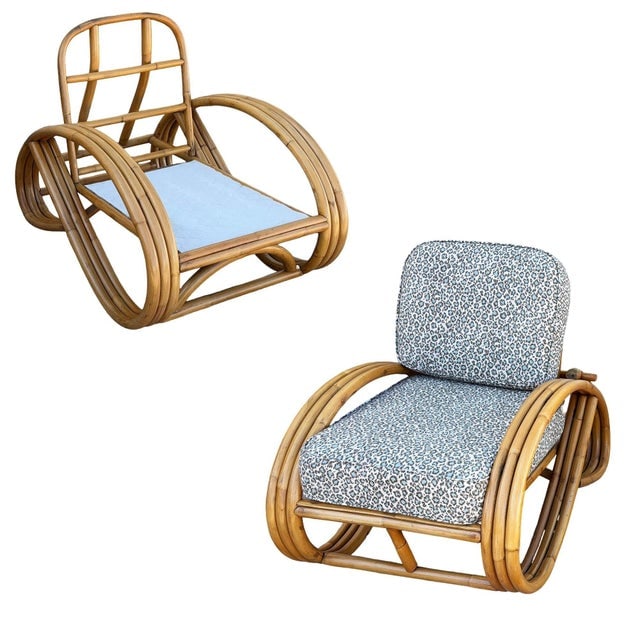 1950s Restored Mid-Century 3/4 Round Pretzel Arm Rattan Lounge Chair Set - 2