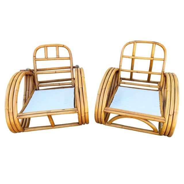 1950s Restored Mid-Century 3/4 Round Pretzel Arm Rattan Lounge Chair Set - 3