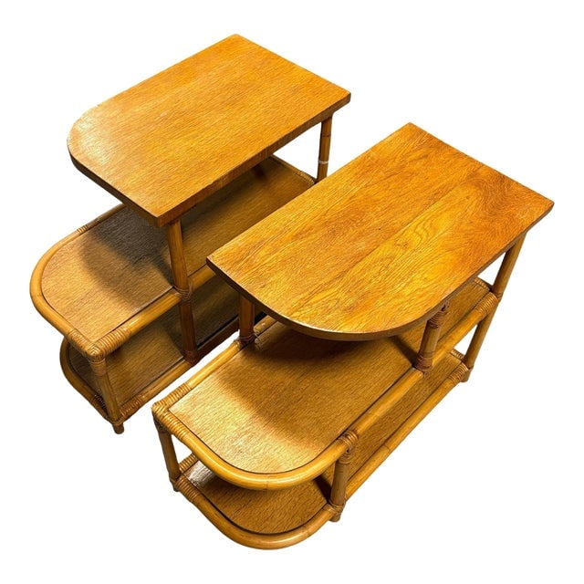 1930s Restored Streamline Rattan & Mahogany 3-Tiered "Trio" End Table, Pair: Title: 1930s Restored Streamline Rattan & Mahogany 3-Tiered "Trio" End Table, Pair Description: Pair of vintage Art Deco era single-strand three-tier "Trio" rattan side table with mahogany tops. The t