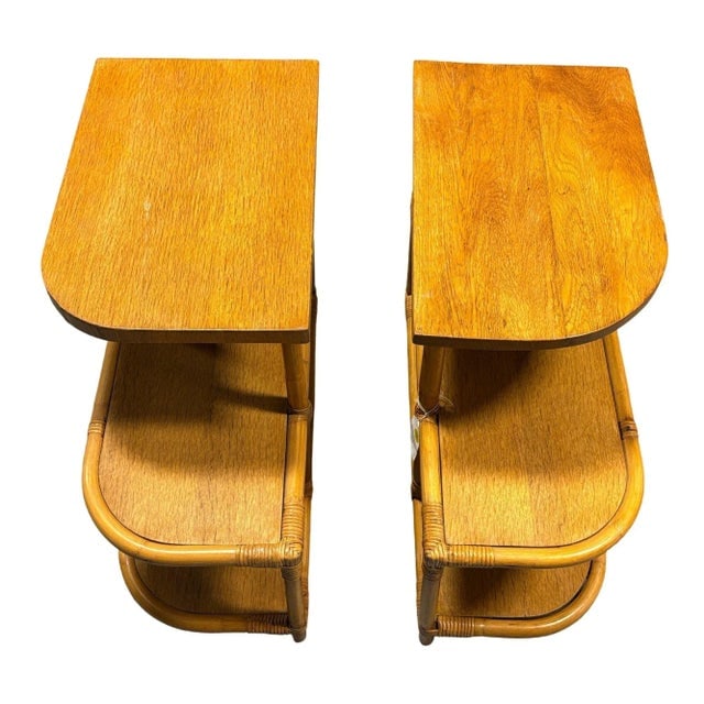 1930s Restored Streamline Rattan & Mahogany 3-Tiered "Trio" End Table, Pair - 2