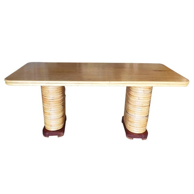 Restored Vintage Large Blonde Rectangle Rattan Dining Table With Mahogany Top: Title: Restored Vintage Large Blonde Rectangle Rattan Dining Table With Mahogany Top Description: Stack Rectangle rattan dining table featuring a unique oval stack rattan base made with closed rattan 