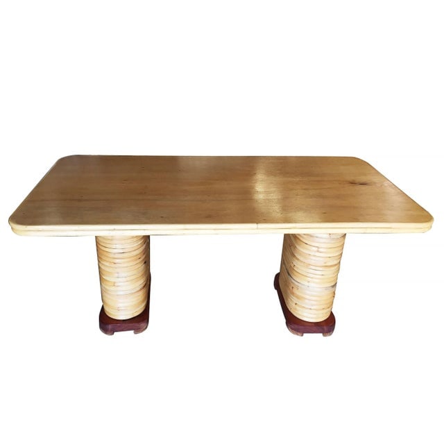 Restored Vintage Large Blonde Rectangle Rattan Dining Table With Mahogany Top - 2