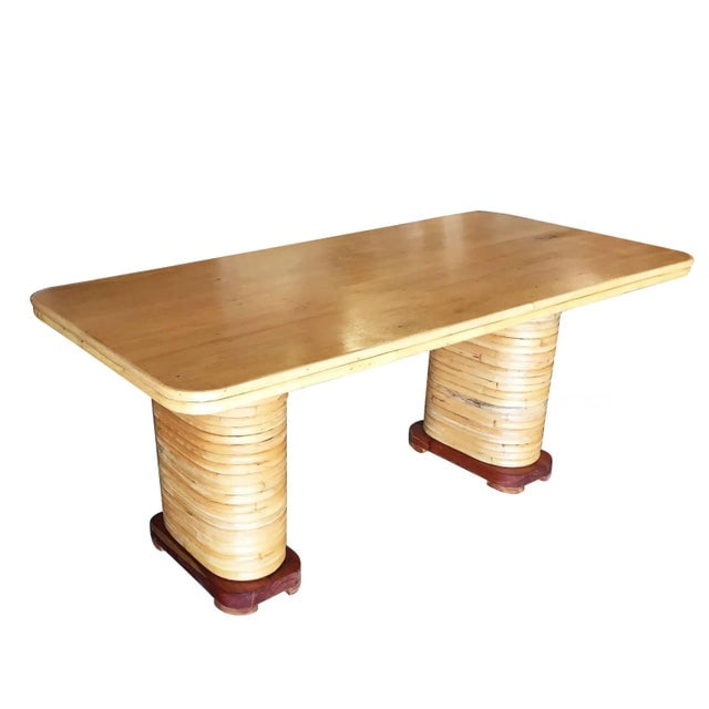 Restored Vintage Large Blonde Rectangle Rattan Dining Table With Mahogany Top - 3