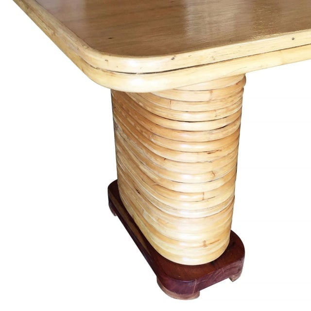 Restored Vintage Large Blonde Rectangle Rattan Dining Table With Mahogany Top - 4
