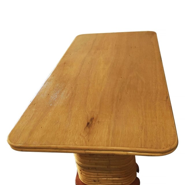 Restored Vintage Large Blonde Rectangle Rattan Dining Table With Mahogany Top - 5