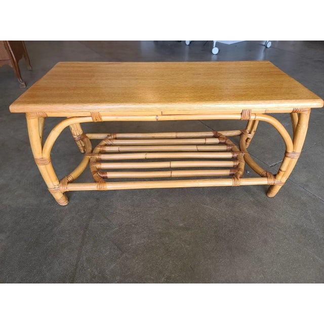 Restored Two-Tier Rattan Coffee Table With Mahogany Top & Pole Bottom - 2