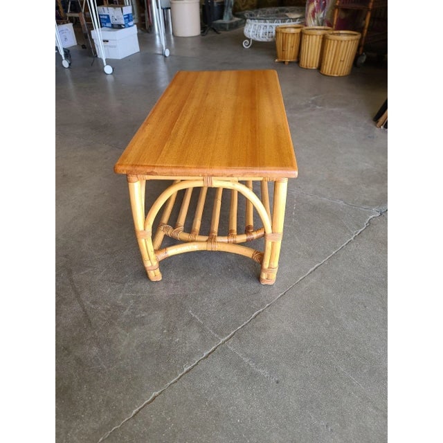 Restored Two-Tier Rattan Coffee Table With Mahogany Top & Pole Bottom - 3