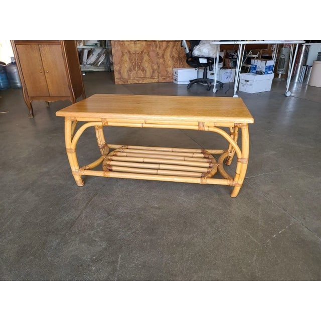 Restored Two-Tier Rattan Coffee Table With Mahogany Top & Pole Bottom - 4