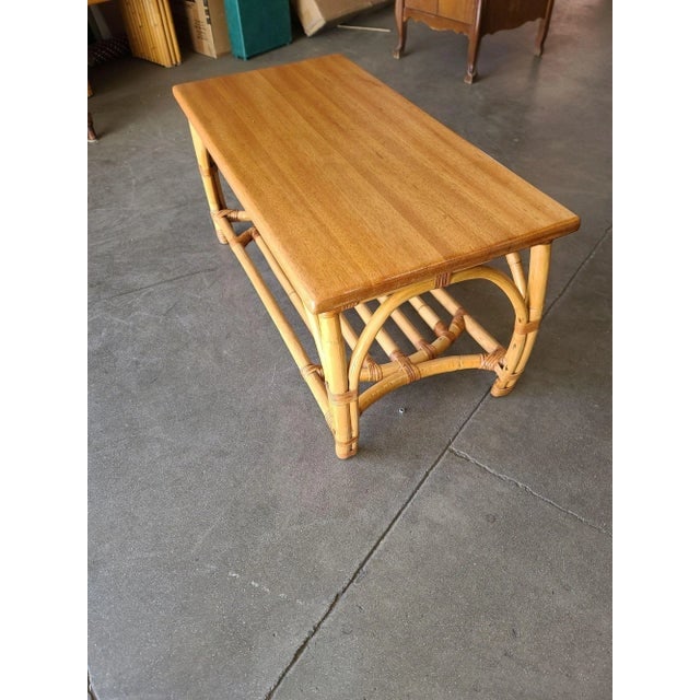 Restored Two-Tier Rattan Coffee Table With Mahogany Top & Pole Bottom - 5