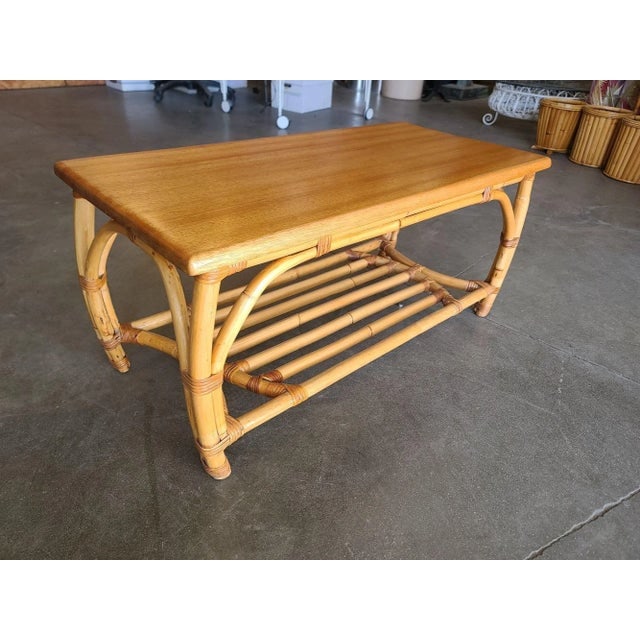 Restored Two-Tier Rattan Coffee Table With Mahogany Top & Pole Bottom - 7