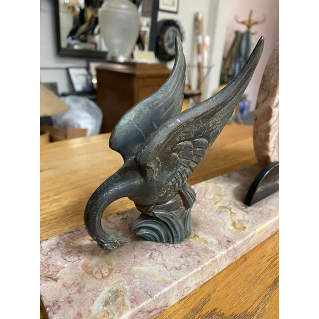 1930s Marefbay French Art Deco Ucra Bronze Swan Marble Mantle Garniture Clock Set- 3 Pieces - 11