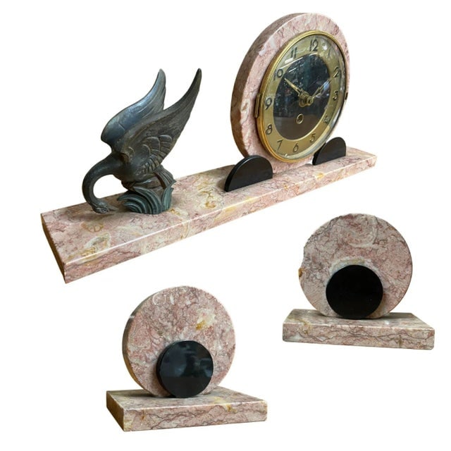 1930s Marefbay French Art Deco Ucra Bronze Swan Marble Mantle Garniture Clock Set- 3 Pieces - 13