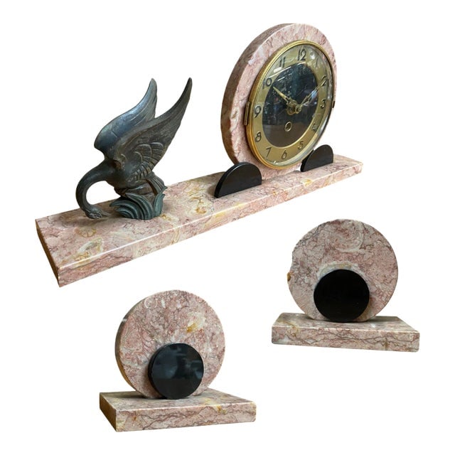 1930s Marefbay French Art Deco Ucra Bronze Swan Marble Mantle Garniture Clock Set- 3 Pieces (1 of 13)
