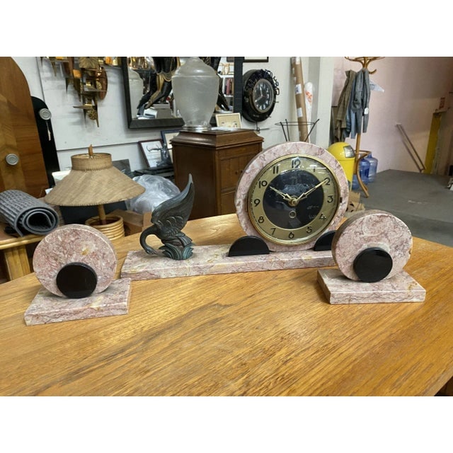 1930s Marefbay French Art Deco Ucra Bronze Swan Marble Mantle Garniture Clock Set- 3 Pieces - 4