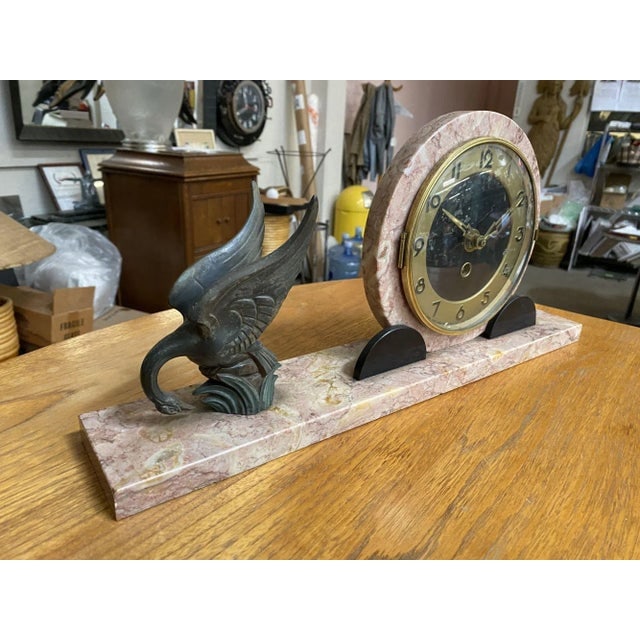 1930s Marefbay French Art Deco Ucra Bronze Swan Marble Mantle Garniture Clock Set- 3 Pieces - 5