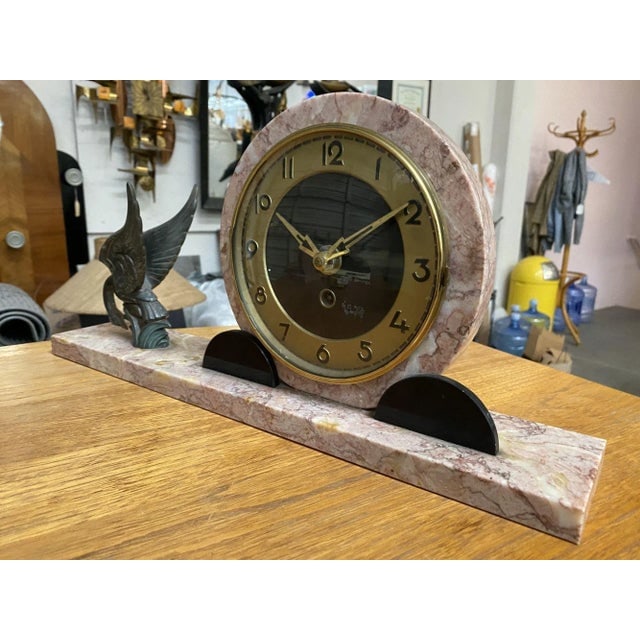 1930s Marefbay French Art Deco Ucra Bronze Swan Marble Mantle Garniture Clock Set- 3 Pieces - 9