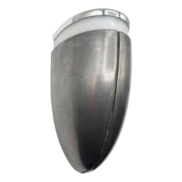 A Machine Age Streamline Brushed Aluminum Wall Sconce, 7 Available: Title: A Machine Age Streamline Brushed Aluminum Wall Sconce, 7 Available Description: One brushed aluminum Streamline Art Deco wall sconce featuring a round body with a lucite cutout for accent