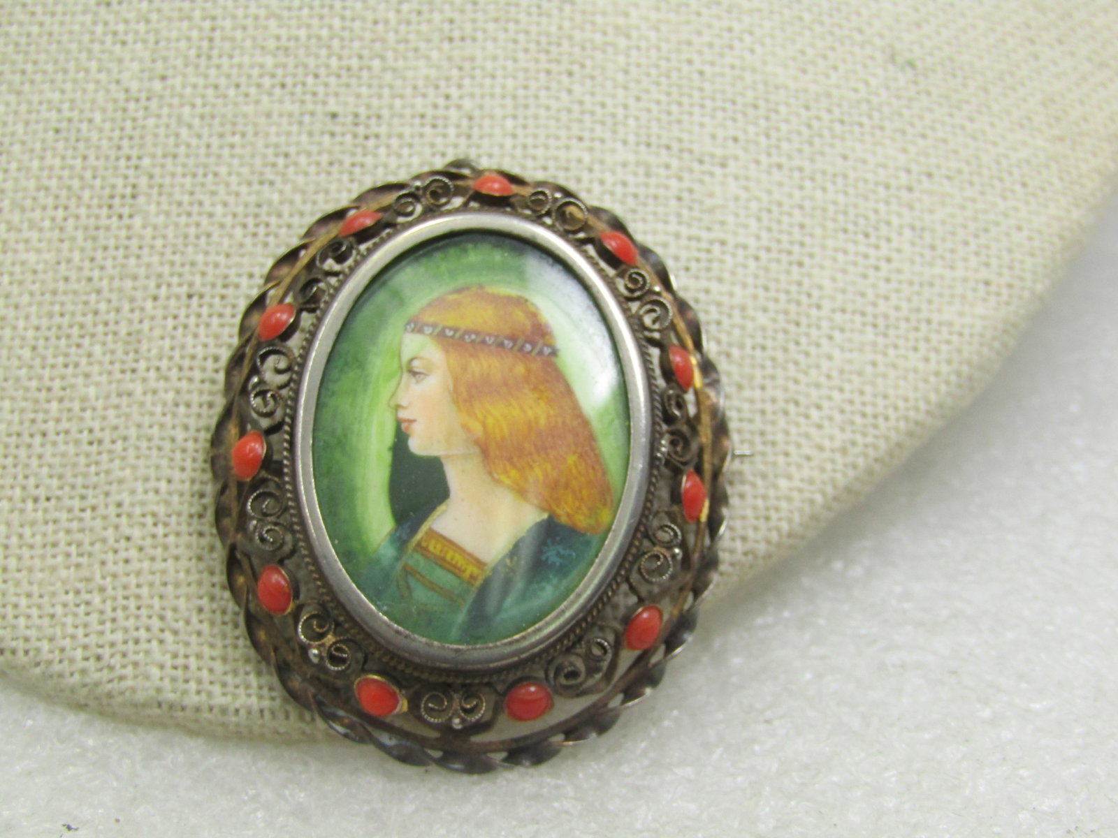 800 Silver Painted Maiden Brooch, Coral Glass Stones, G=Filigree Frame, 1940's: Title: 800 Silver Painted Maiden Brooch, Coral Glass Stones, G=Filigree Frame, 1940's Description: 800 Silver Painted Maiden Brooch/Pendant, Coral Glass Beaded Filigree Frame. Age is estimated at