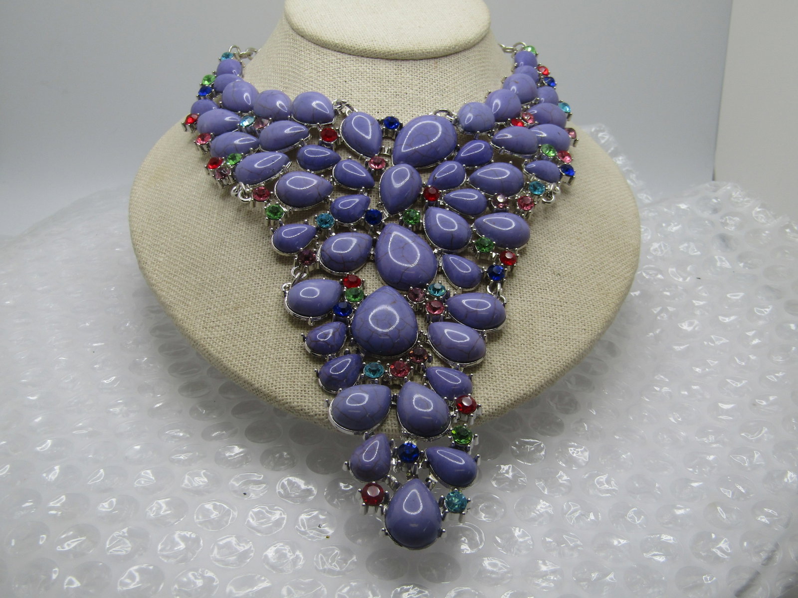 Costume Faux Purple Stone Statement Necklace, 22", Rhinestone Accents, 2000's (1 of 7)