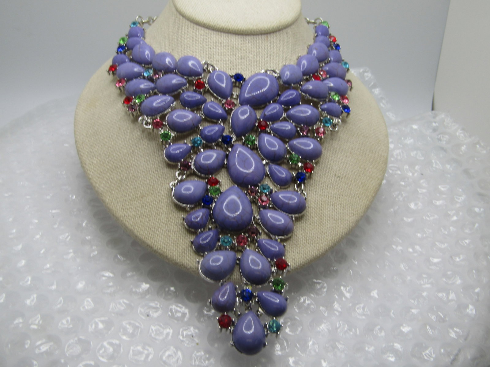 Costume Faux Purple Stone Statement Necklace, 22", Rhinestone Accents, 2000's - 2