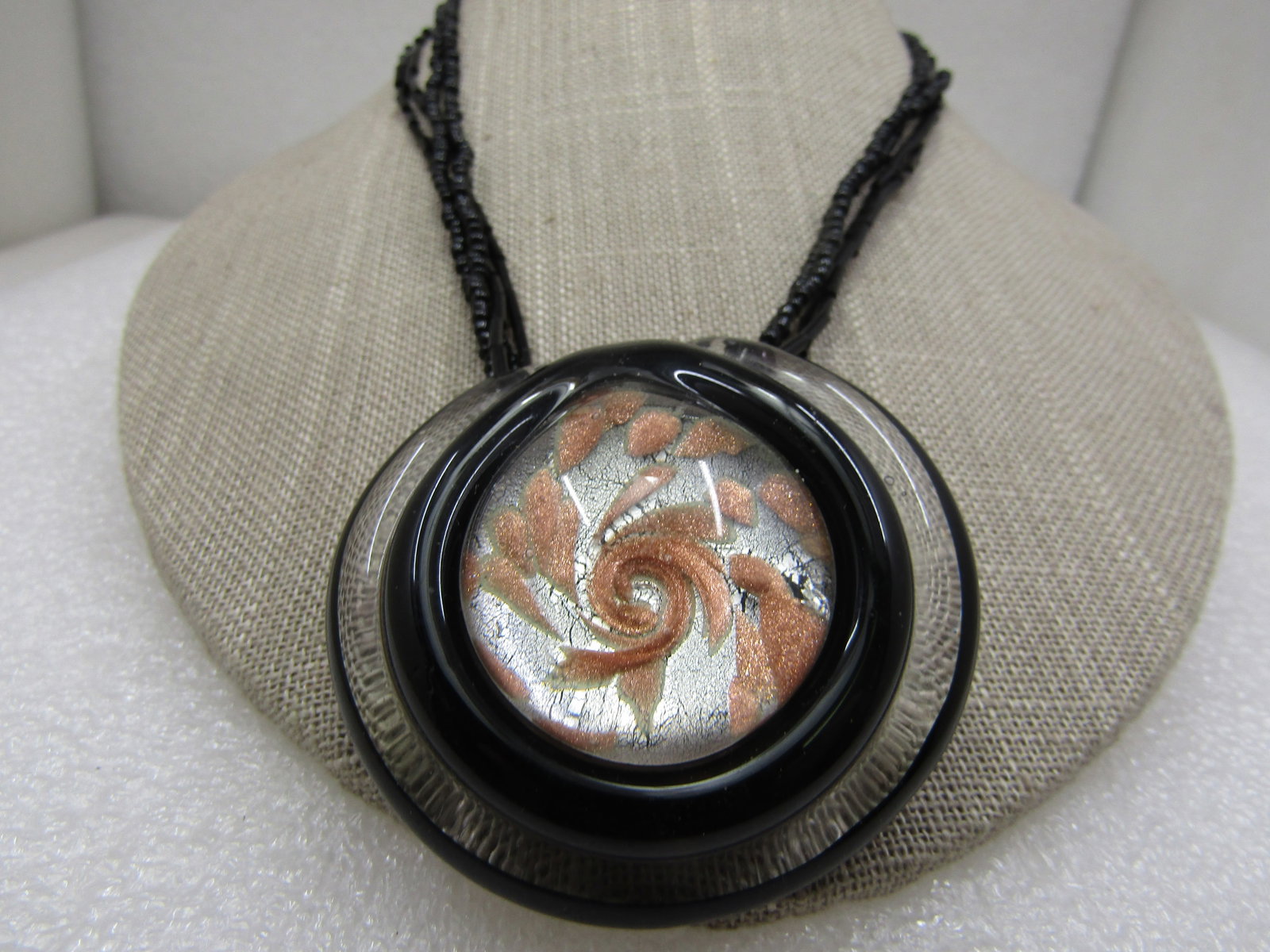 Vintage Black/Clear Copper Blown Glass Multi-Strand Necklace 18" - 2