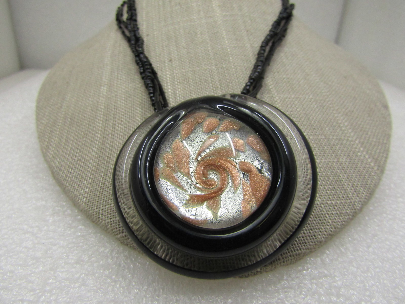 Vintage Black/Clear Copper Blown Glass Multi-Strand Necklace 18" - 3