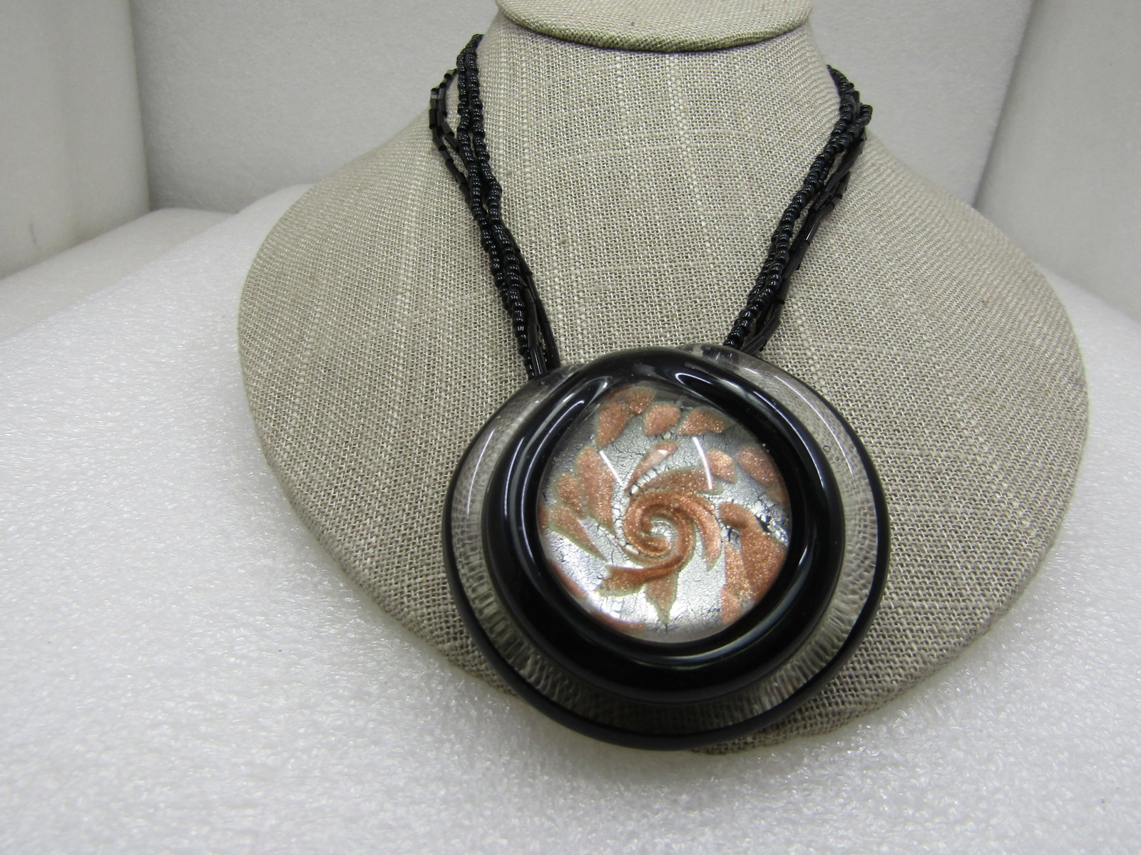 Vintage Black/Clear Copper Blown Glass Multi-Strand Necklace 18" - 4