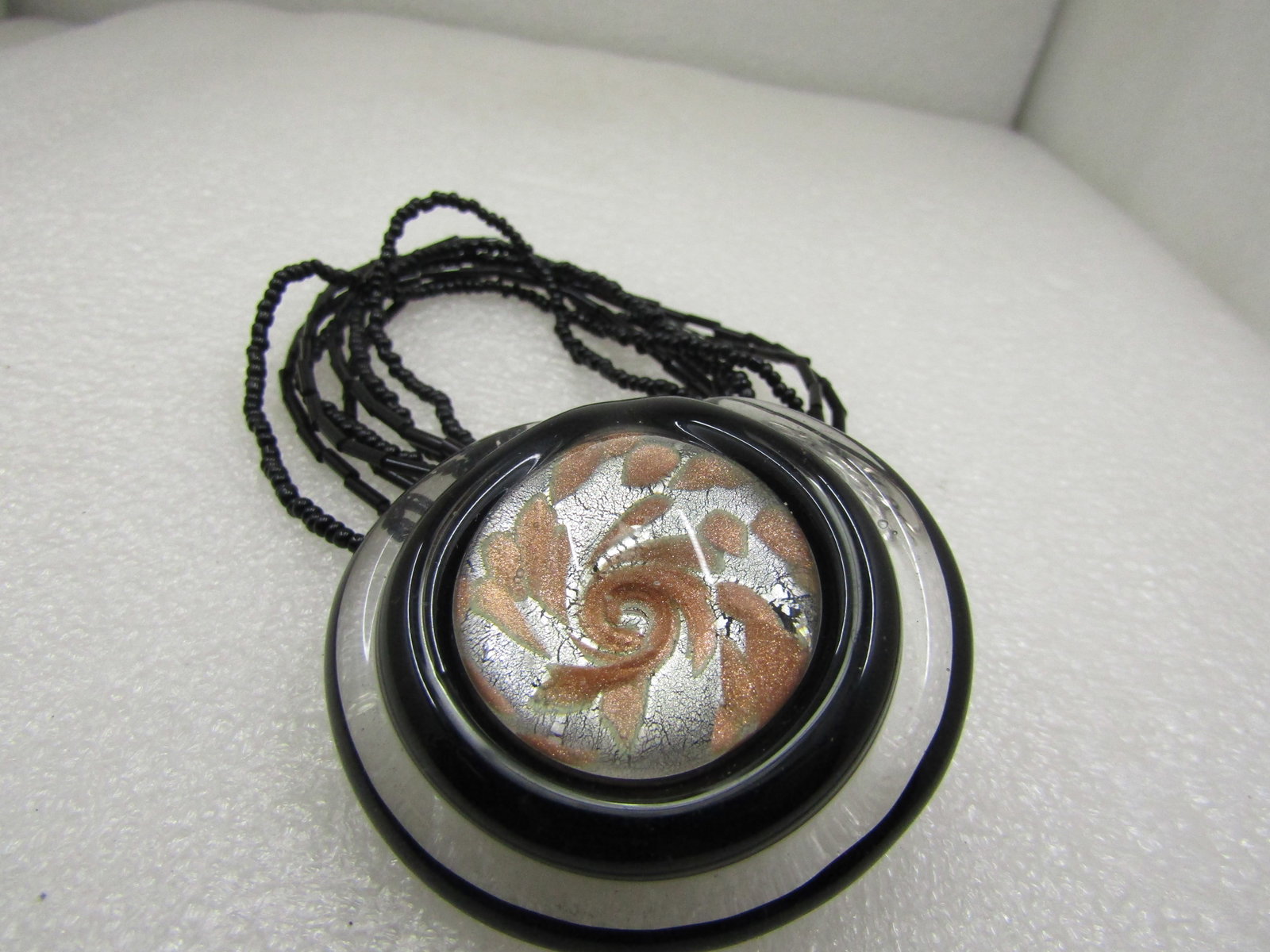 Vintage Black/Clear Copper Blown Glass Multi-Strand Necklace 18" - 6