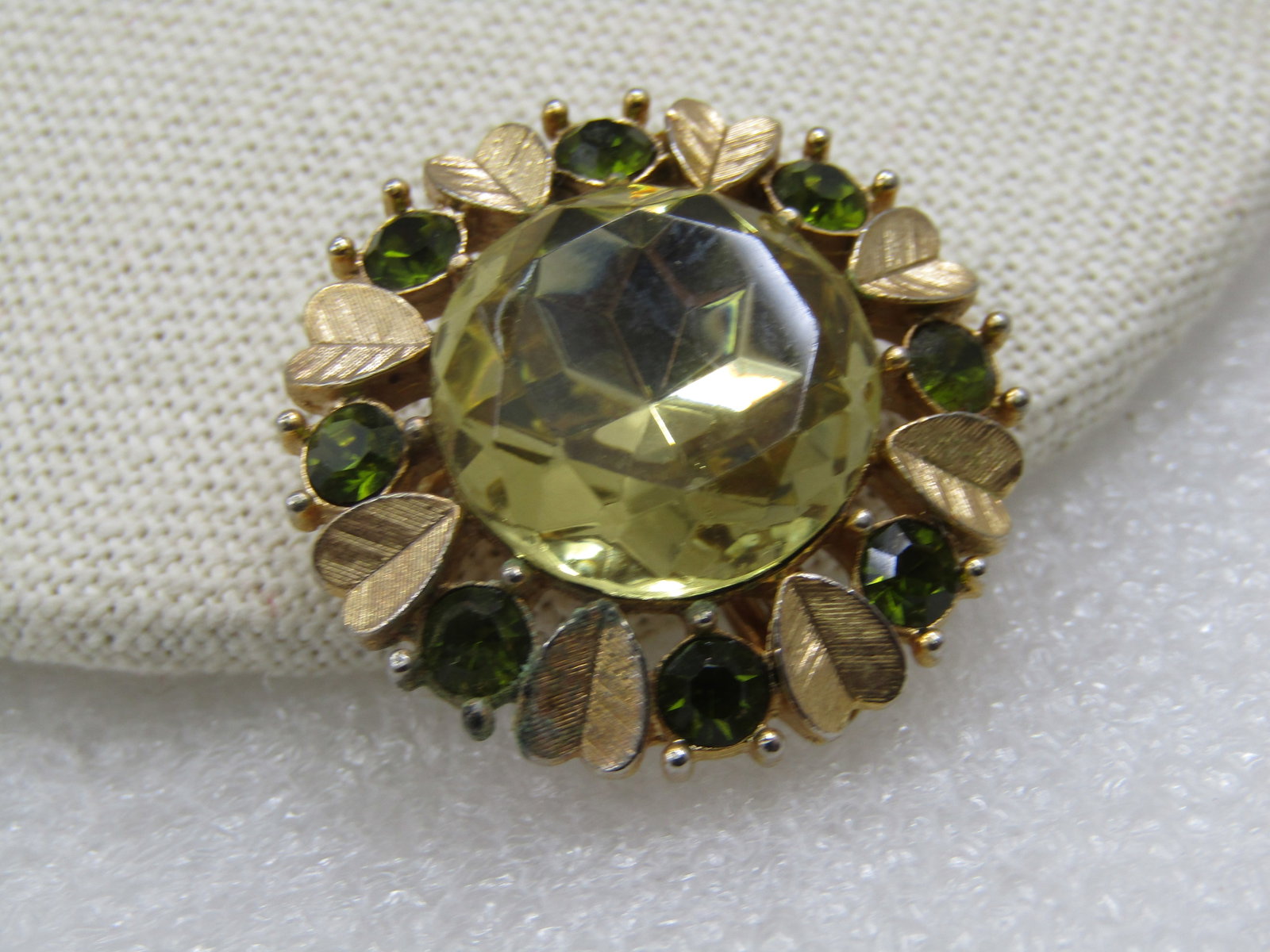 Vintage Rhinestone Green/Yellow Pendant/Brooch, Heart Leaves 1.25" - 2