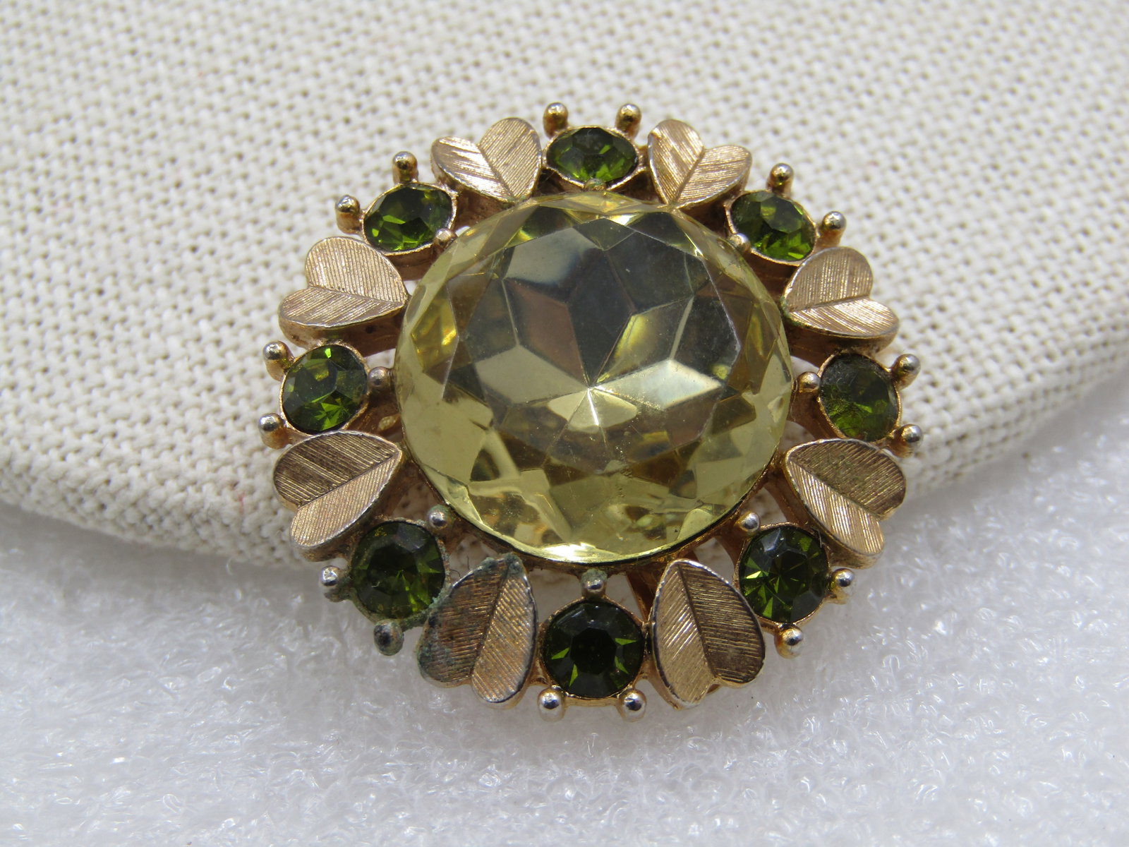 Vintage Rhinestone Green/Yellow Pendant/Brooch, Heart Leaves 1.25" - 4